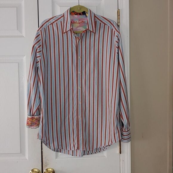Robert Graham  embroidered cuff  striped  button down shirt Sz L - Picture 1 of 12